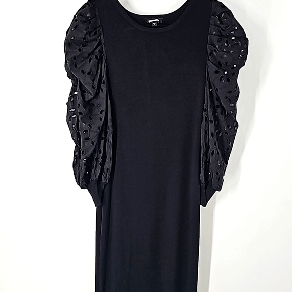 Express Black Bodycon Midi Sweater Dress w Puffed Cutout Scalloped Long Sleeves - Picture 17 of 17
